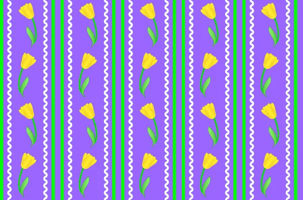 Eps8 vettoriale. sfondo carta da parati viola con tulipani gialli accentati da strisce verdi, bianco rick rac e punti trapuntatura . — Vettoriale Stock