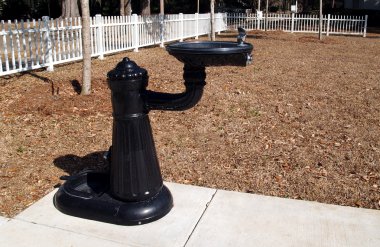 Siyah dökme demir su çeşme bir parkta.