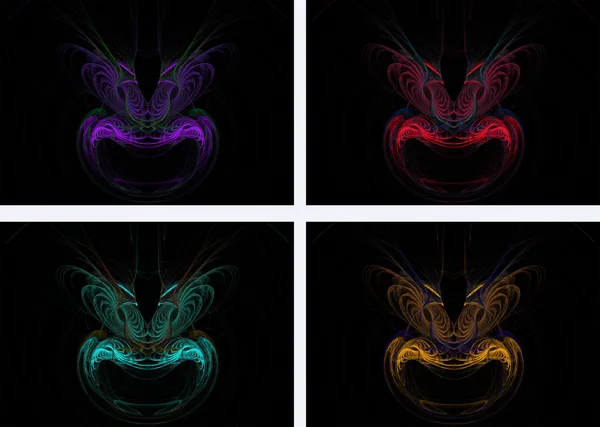 Four mask or face shaped fractals in purple, red, teal or green and gold or orange on a black background with feathered eyebrows. — Stock Photo, Image