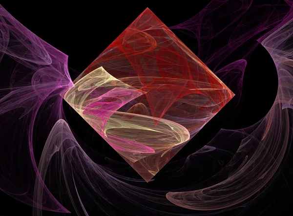Roze, rood en beige fractal vierkant of diamant drijvend in rokerige golven van lavendel op een zwarte achtergrond. — Stockfoto