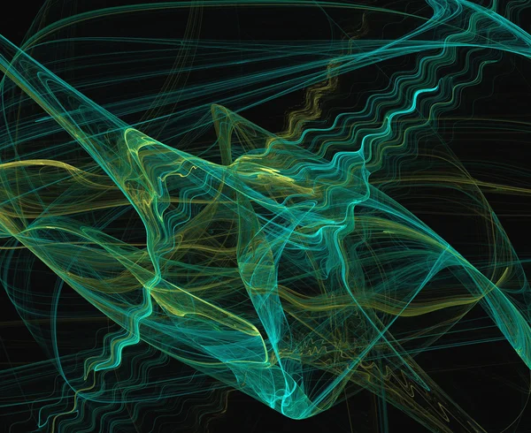 Ondes fractales ondulantes de vert et d'or sur fond noir . — Photo