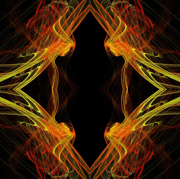 Ruitvormige continu fractale patroon in geel en rood op een zwarte achtergrond. — Stockfoto