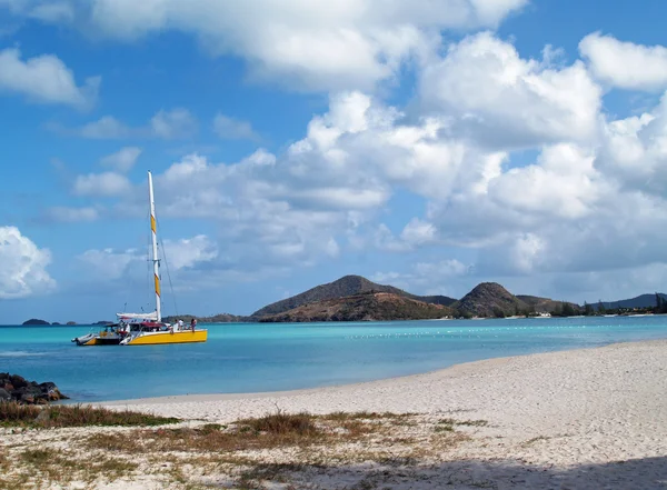 Messze a parton Jolly Antigua Barbuda Karib-tengeri kis-Antillák West Indies katamarán. — Stock Fotó