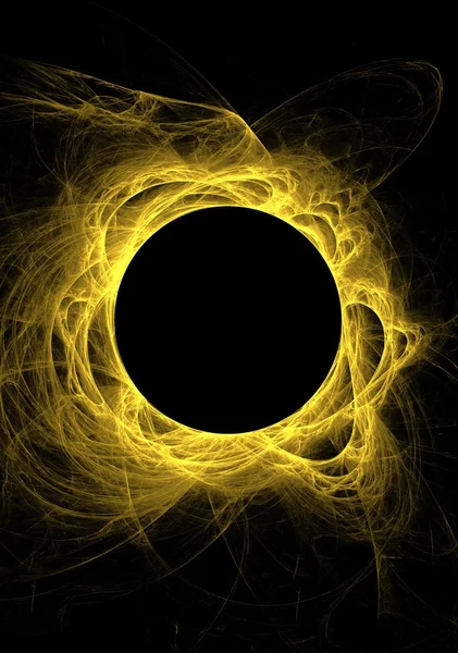 Yellow fractal eclipse with solar flares on a black background. — Stock Photo, Image