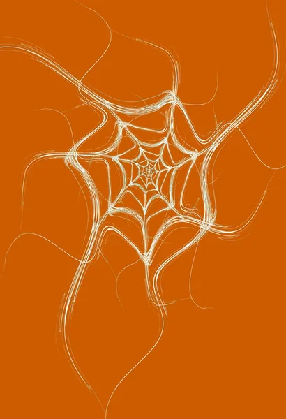 Weißes fraktales Spinnennetz-Design auf orangefarbenem Hintergrund, das ideal für Halloween ist, — Stockfoto