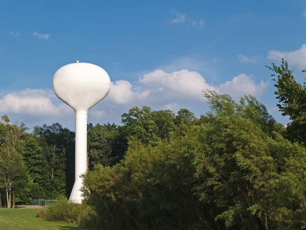 White water tower within an evergreen wooded area and against a blue sky. — Stock Photo, Image
