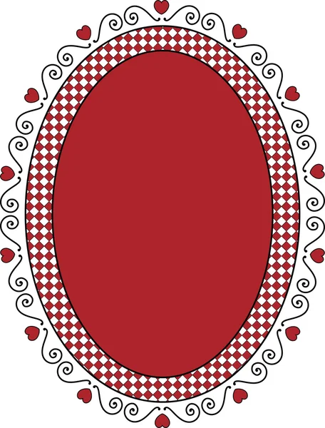 Cornice ovale San Valentino o etichetta con spazio copia rosso, cuori ricci e finiture in gingham . — Foto Stock