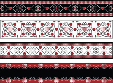 Pötikareli trim ile dört kırmızı, siyah ve beyaz Sevgililer sınırları vektör.