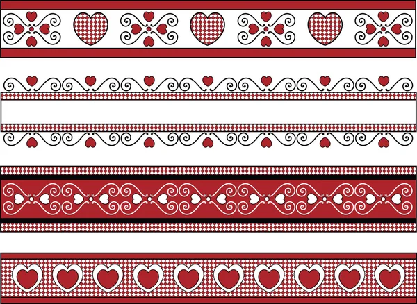 Vector de cuatro bordes de San Valentín rojos, negros y blancos con adorno de gingham . — Archivo Imágenes Vectoriales