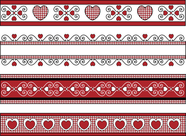 Vector of four red, black and white Valentine borders with gingham trim.