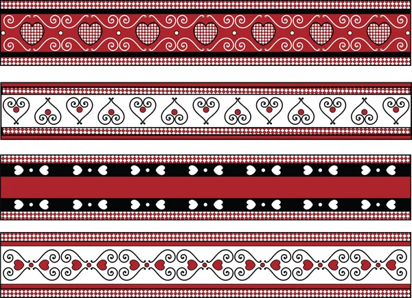 Vector of four red, black and white Valentine borders with gingham trim. — Stock Vector