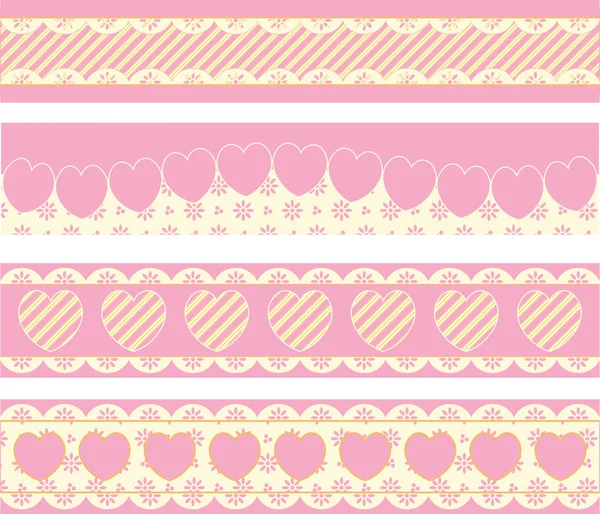 Cuatro bordes vectoriales con corazones y rayas ojales victorianos en rosa, oro y crudo . — Vector de stock