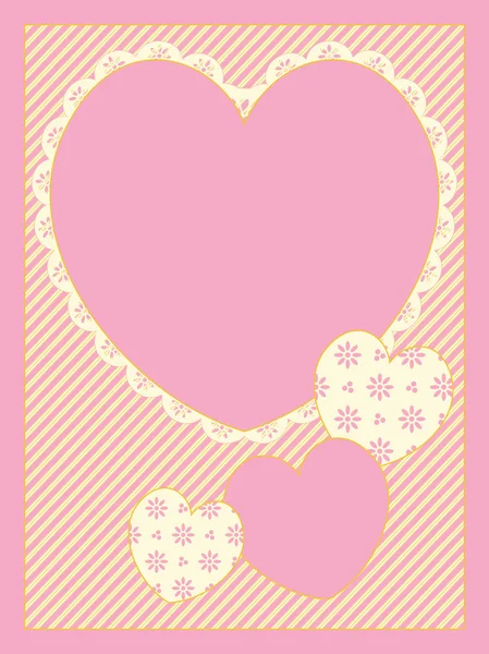 Vector with four Victorian eyelet trimmed heart copy spaces on striped background in shades of pink, gold and ecru. — Stock Vector
