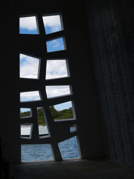 A unique artistic window, as seen from inside the USS Arizona Memorial, with plenty of black copy space. — Stock Photo, Image