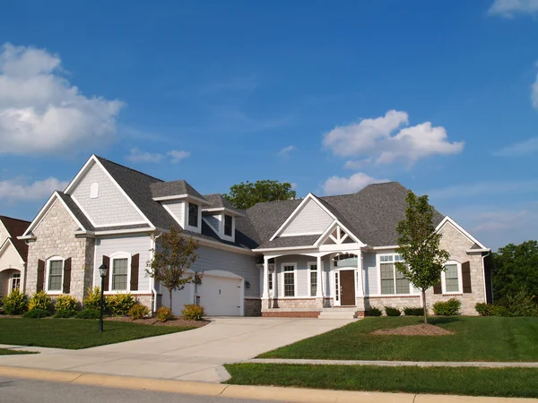 One story vinyl and stone residential home with garage in front containing plenty of copy space, — Stock Photo, Image