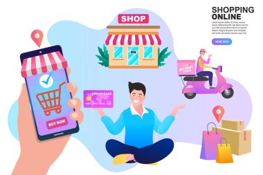 Akıllı telefondan ürünleri sipariş et. Hızlı ve kolay bir şekilde kredi kartıyla öde. Çevrimiçi alışveriş e-ticaret kavramı.