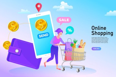 Elinde alışveriş çantası olan büyük bir kredi kartının üzerinde oturan bir kadın. Kadının alışveriş yaptığı internet dijital mağazası sahnesi. E-ticaret reklam illüstrasyonu.