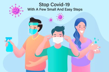 Yüz maskesi takan insanlar Covid-19 'a karşı savaşıyor. Hijyen terfisi, yüz maskesi takmak, alkolle sterilize etmek ve ellerini düz bir şekilde yıkamak..