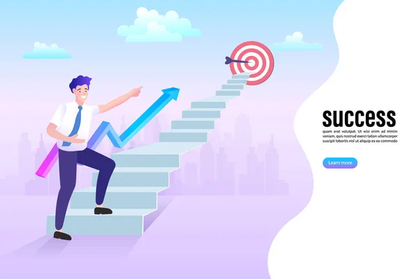 Business Man Running Stairs Goal Successful Winner Achievement Growth Climbing — Stock Vector