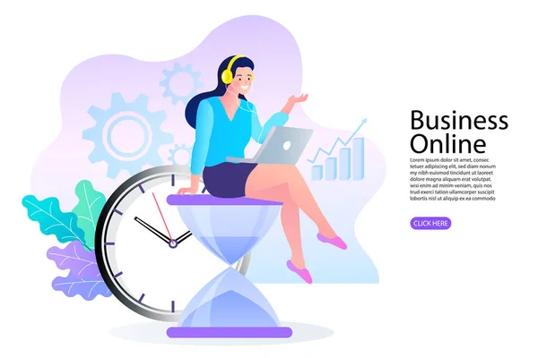 Business Woman Using Laptop Hourglass Marketing Online Conference Infographic Element — Stock Vector