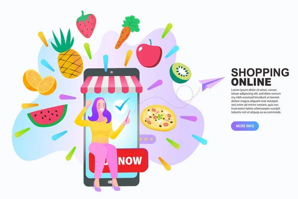 Vector Illustration Quarantine Woman Shopping Online Supermarket Order Food Online — Stock Vector