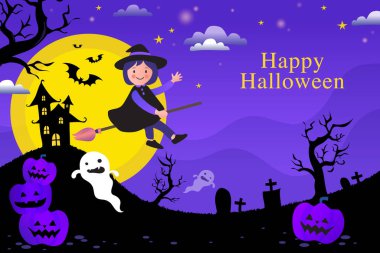Selam mor kartpostal, mutlu Cadılar Bayramı, balkabaklı kart Jack, çocuk, şeker ve hayalet.