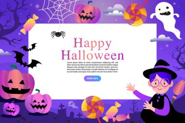 Selam mor kartpostal, mutlu Cadılar Bayramı, balkabaklı kart Jack, çocuk, şeker ve hayalet.