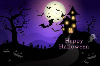 Selam mor kartpostal, mutlu Cadılar Bayramı, balkabaklı kart Jack, çocuk, şeker ve hayalet.