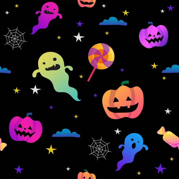 Halloween Colorido Lindo Divertido Espeluznante Garabatos Patrón Vectorial Sin Semblante — Archivo Imágenes Vectoriales
