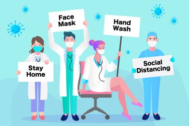Doktorlar ve tıbbi personel, insanların evde kalarak Coronavirus ve Covid-19 'un yayılmasını önlemelerini isteyen bir poster tutuyor. Coronavirüs.