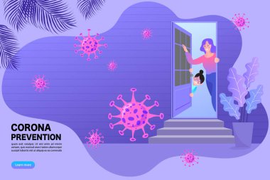 Aile evde oturup kapıdan içeri bakıyor. Virüsün yayılmasını önlemek için ev karantinası. Coronavirus, güvenlik için evde kal. düz simgeler.