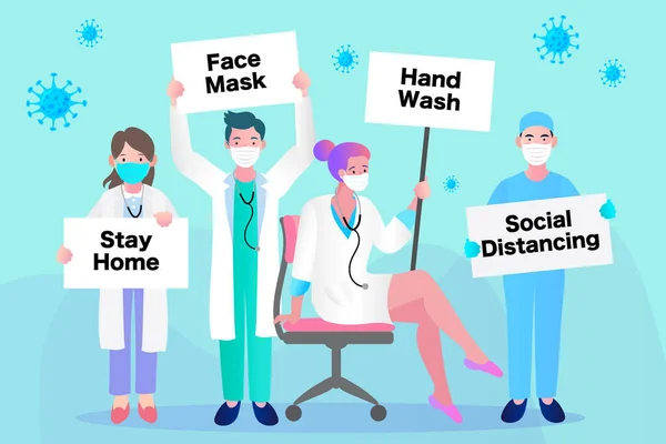 Artsen Medisch Personeel Houden Poster Met Het Verzoek Mensen Vermijden — Stockvector