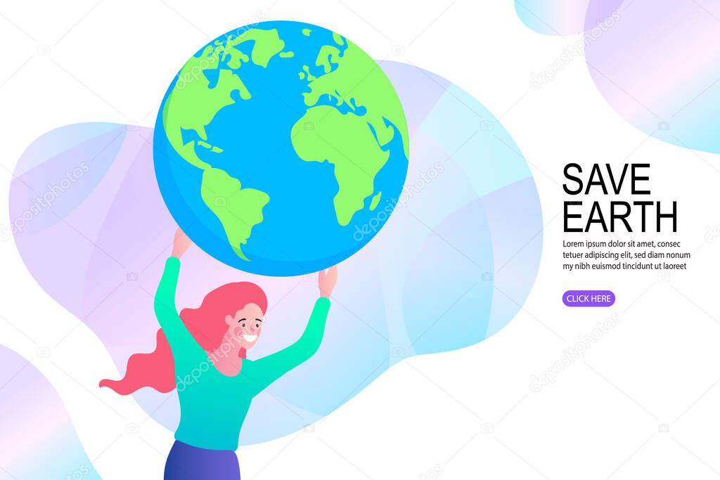 Save the world concept flat design. Happy woman holds the blue planet Earth. vector design EPS10.