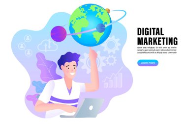 Uluslararası iş kavramı. Serbest çalışma, uzaktan çalışma ve iş için bir illüstrasyon. Dizüstü bilgisayarla çalışan adam.