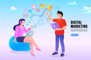 Video konferansındaki insanların bilgisayar üzerindeki görüntüsü. Kadın ve adamın evde müşterilerle görüntülü görüşme yapması. Web sitesi veya web sayfası için dizüstü bilgisayar kullanarak sohbet etmek. Vektör