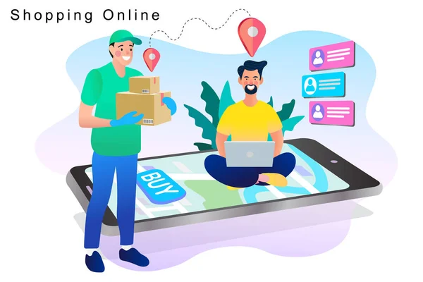 Leveringsconcept Man Leveren Online Met Bestelling Vanaf Smartphone Winkelen Sociale — Stockvector