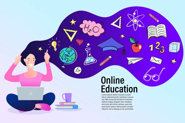 Man Using Laptop Sitting Pile Books Online Education Concept Cartoon — Stock Vector