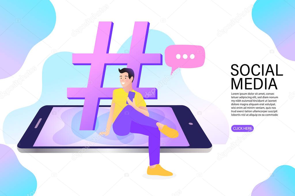 man using mobile phone and for sending posts and sharing them in social media. Hashtag concept illustration. Flat vector