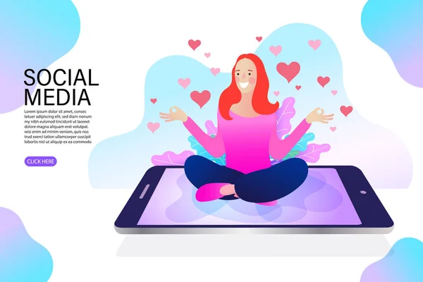 Gülümseyen Kadın Telefonda Oturuyor Kalp Akıllı Telefonda Sosyal Medya Iletişim — Stok Vektör