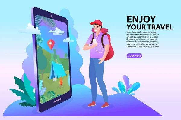 Online Travelling Illustration Landing Page Travel Vacation Concept Man Smartphone — Stock Vector