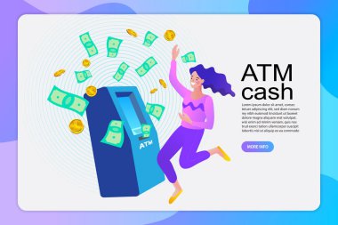 ATM 'nin yanında duran bir bayan müşteri. Vektör illüstrasyon, ATM kullanarak mali işlemler gerçekleştirin.