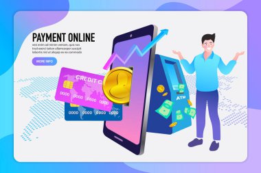 Mobil online bankacılık ve ödeme konsepti. ATM olarak akıllı telefon. para transferleri, finansal işlemler ve dijital finans hizmetleri.