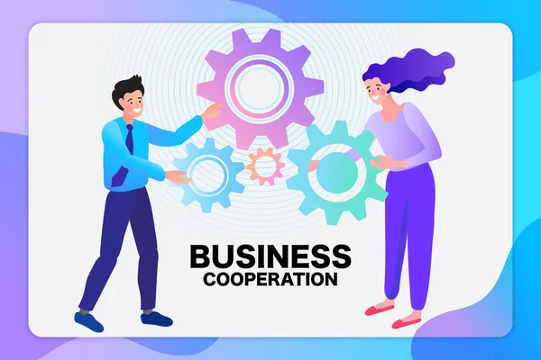 Business people links of mechanism. Business teamwork concept. Abstract background with gears and people are engaged in business promotion. vector flat design.