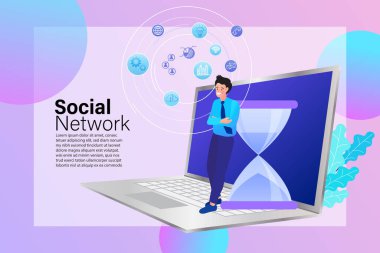 Kum saati olan iş adamı dizüstü bilgisayarın başında dur. Pazarlama çevrimiçi konferansı. bilgi ögesi simgeleri düz çizgi film kavramı.