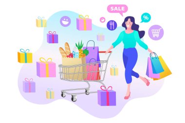 İnternetten alışveriş afişi, internetten alışveriş yapan bir kadının olduğu dijital mağaza sahnesi. E-ticaret reklam illüstrasyonu. Çevrimiçi alışveriş kavramı.