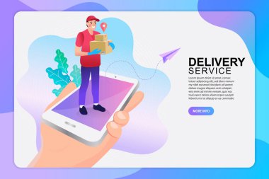Mobil uygulama için hızlı teslimat servis tasarımı konsepti. Çevrimiçi Teslimat Hizmeti düz tasarım illüstrasyon dijital pazarlama için kavramı. 