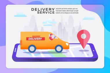Mobil uygulama için hızlı teslimat servis tasarımı konsepti. Çevrimiçi Teslimat Hizmeti düz tasarım illüstrasyon dijital pazarlama için kavramı. 