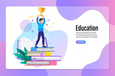 Kitap Yığını Eğitimi ve Altın Kupa Kazanan Geleceğin Kazananı. Mobil ve web grafikleri için vektör illüstrasyonu. Çevrimiçi kurs dersleri. 