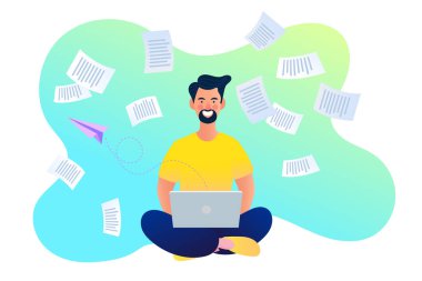 Bir adam bilgisayarda bir sürü belge ve bilgi yönetiyor. Ofis çalışanı işiyle meşgul. Çok iş var. vektör