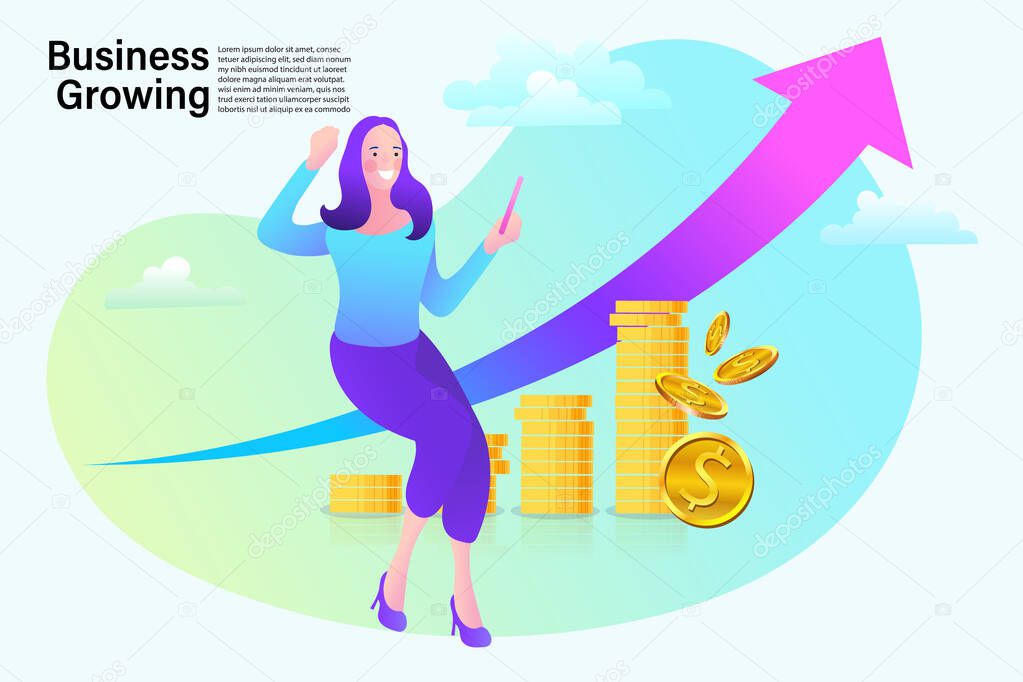 successful businessman pointing at chart going up. Graph to success. Business growing. Vector flat design illustration.